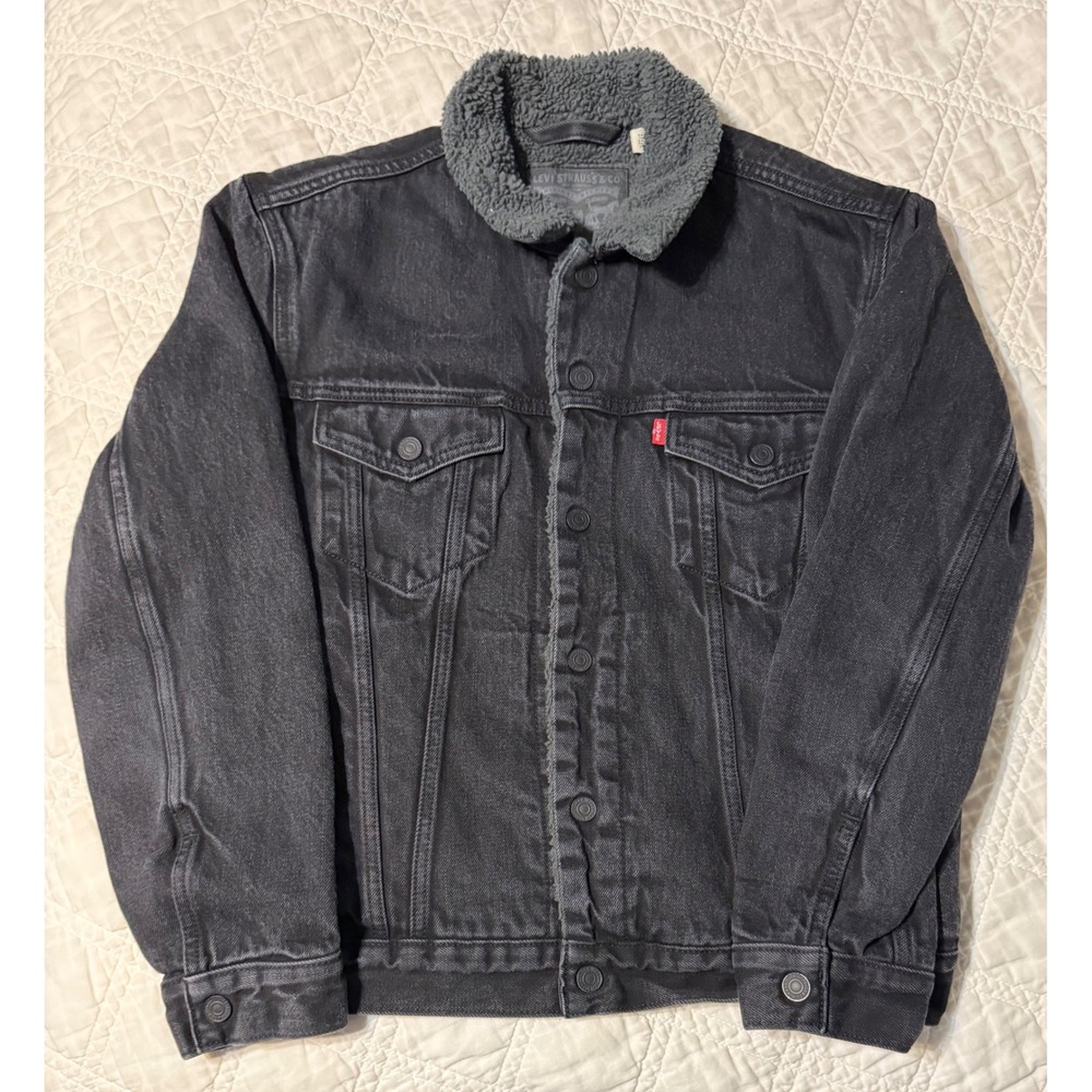 Levis Trucker Type 3 Jacket Mens Size S Black Sherpa Lined Denim Coat